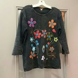 Thick stitch colorful flower 3/4 sleeve heavy tee